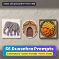 Dussehra prompt pack: 66 master prompts + Remix Guide, with a UV-printed greeting card, acrylic ornament and mug set made with prompts #57, #14 and #28
