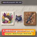 October Evergreen prompt library: 2,404 master prompts + Remix Guide, with a UV-printed greeting card, acrylic ornament and mug set made with prompts #6, #18 and #30