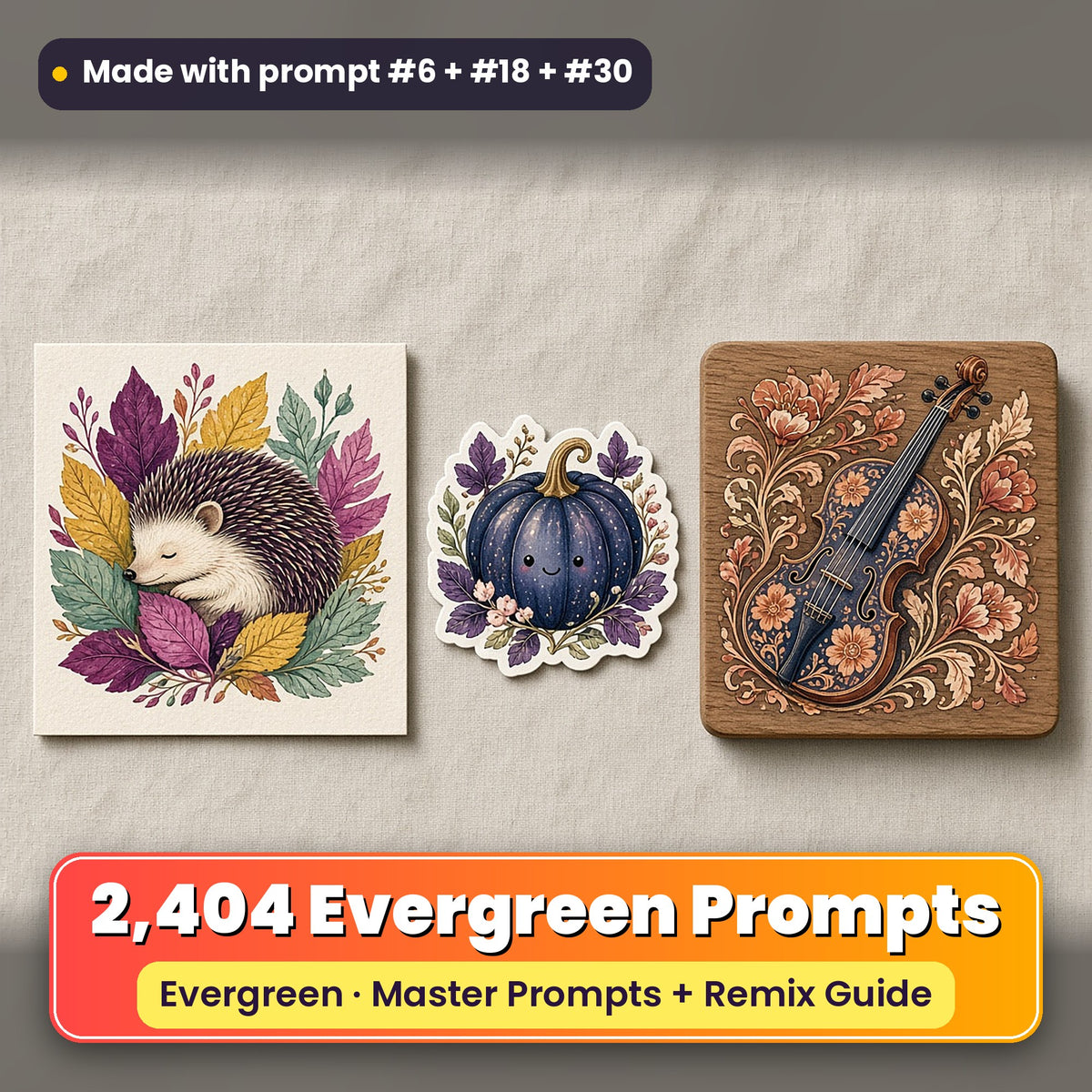 October Evergreen prompt library: 2,404 master prompts + Remix Guide, with a UV-printed greeting card, acrylic ornament and mug set made with prompts #6, #18 and #30