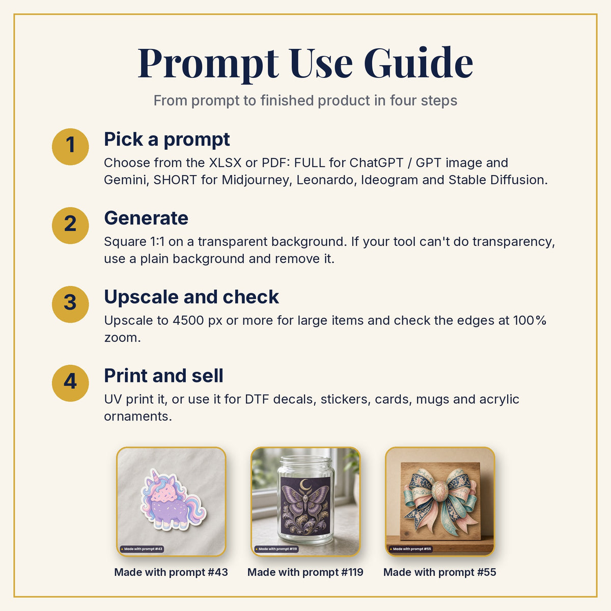 Prompt Use Guide: pick a prompt, generate, upscale and check, then print and sell, with example products made with prompts #43, #119 and #55