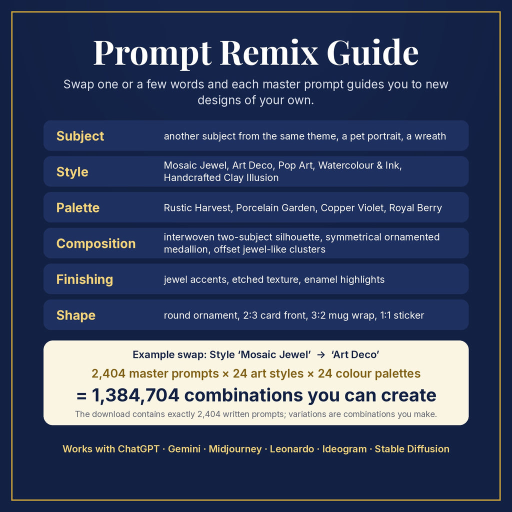 Prompt Remix Guide: swap subject, style, palette, composition, finishing and shape; 2,404 master prompts × 24 styles × 24 palettes = 1,384,704 combinations you can create