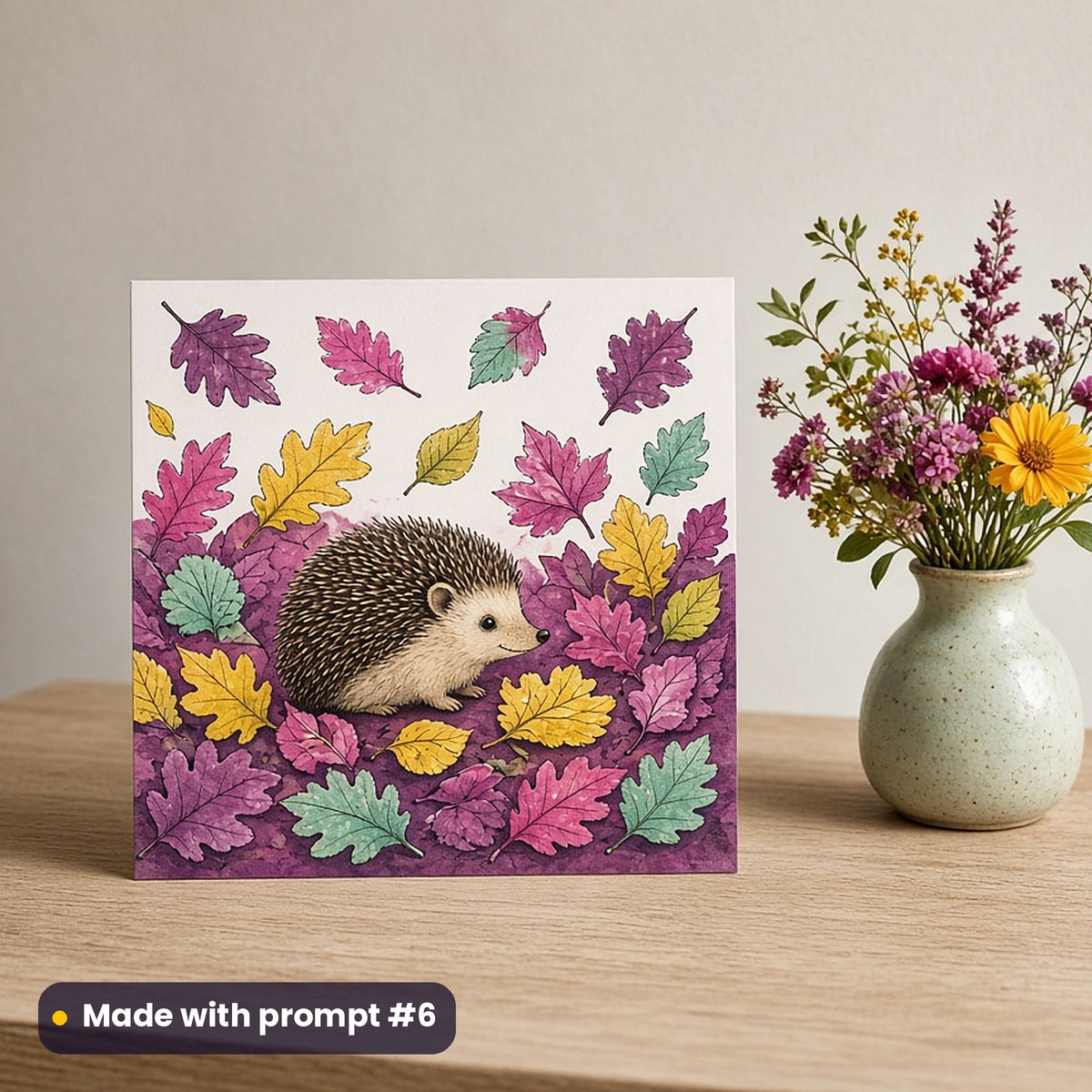 Pets & Animal Portraits artwork printed on a flat-printed greeting card: hedgehog curled among leaves, whimsical storybook style, made with prompt #6 from this pack