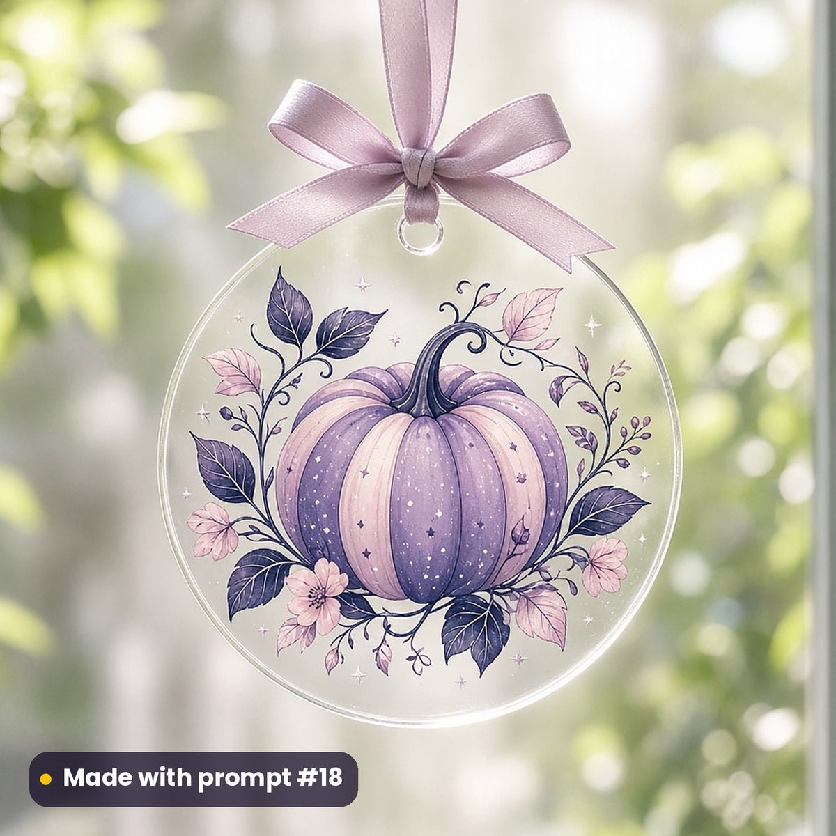 Seasons & Woodland artwork printed on a UV-printed clear acrylic ornament: harvest pumpkin botanical, cute kawaii style, made with prompt #18 from this pack