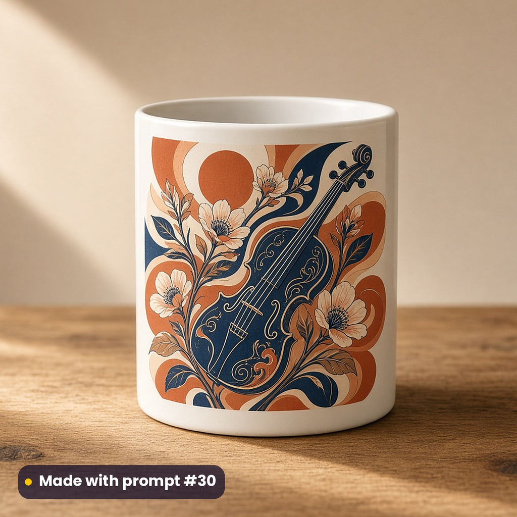 Music & Performing Arts artwork printed on a UV-printed ceramic mug: violin entwined with blossoms, retro psychedelic style, made with prompt #30 from this pack