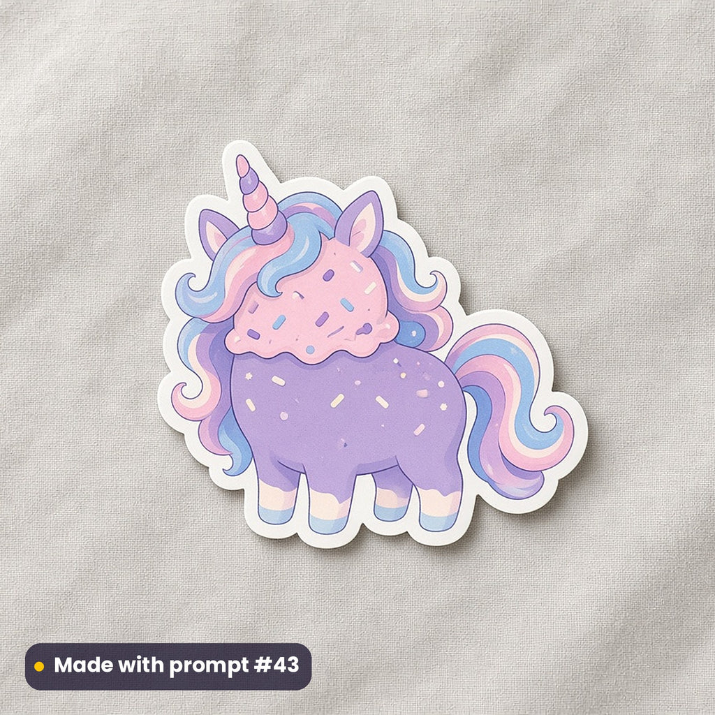 Kids Characters artwork printed on a die-cut vinyl sticker: unicorn ice-cream creature, minimal bold graphic style, made with prompt #43 from this pack