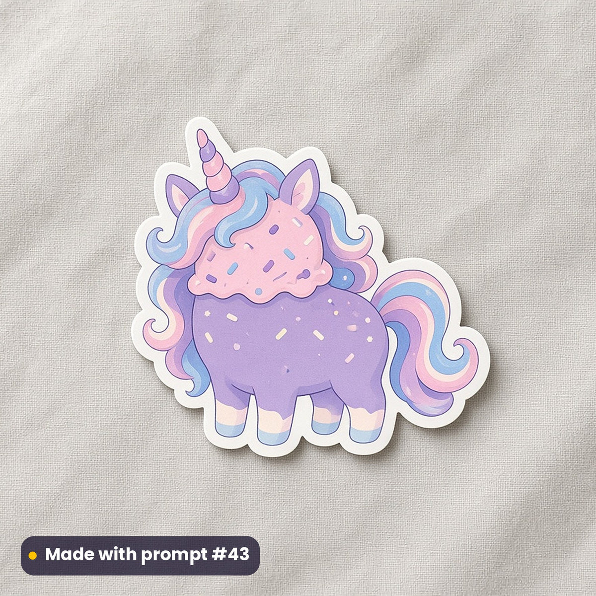Kids Characters artwork printed on a die-cut vinyl sticker: unicorn ice-cream creature, minimal bold graphic style, made with prompt #43 from this pack