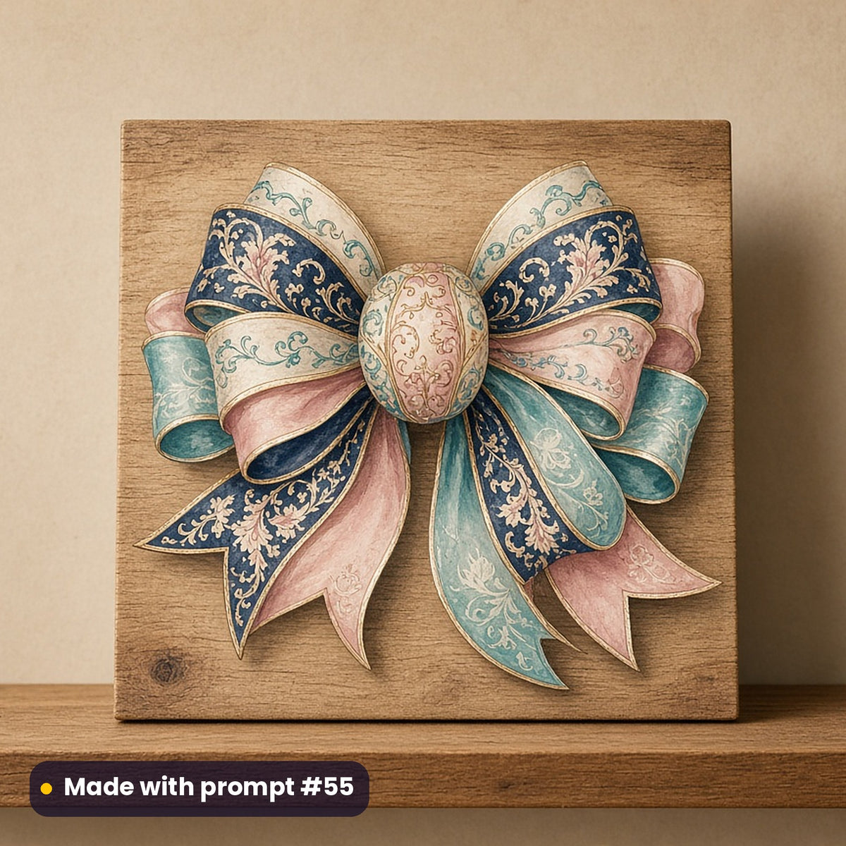 Celebration & Milestones artwork printed on a UV-printed wooden plaque: luxury wrapped bow motif, luxury porcelain style, made with prompt #55 from this pack