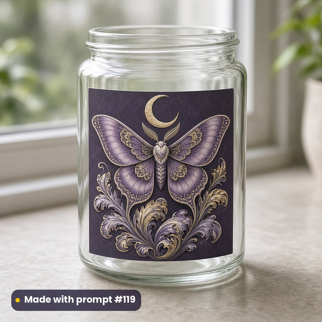 Gothic & Alternative artwork printed on a UV DTF decal on glass: gothic moth and crescent, premium sculpted 3d style, made with prompt #119 from this pack