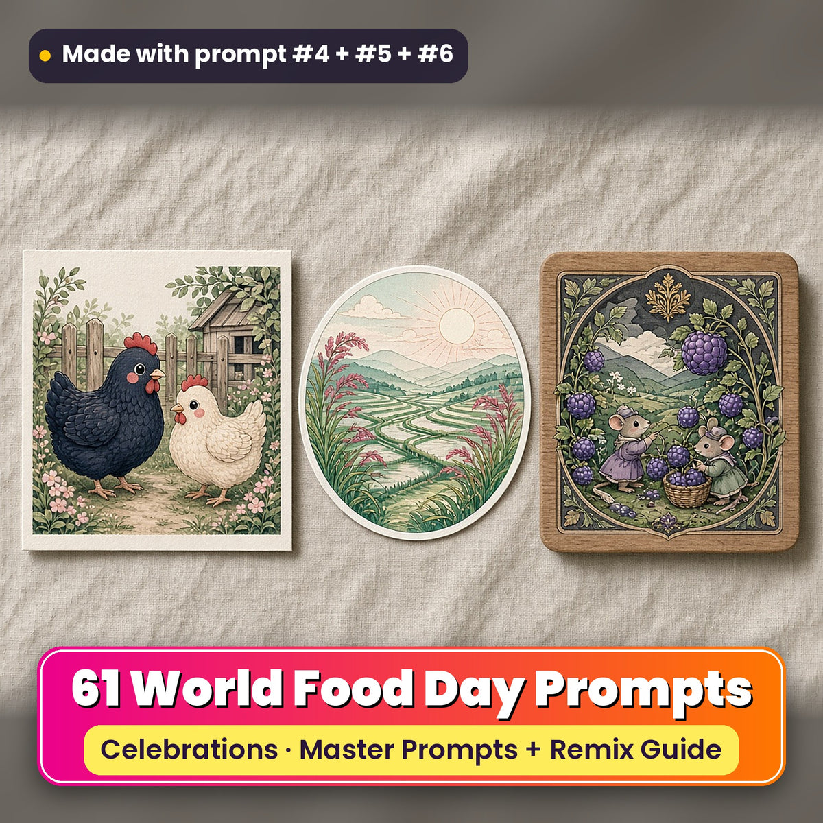 World Food Day prompt pack: 61 master prompts + Remix Guide, with a UV-printed greeting card, acrylic ornament and mug set made with prompts #4, #5 and #6
