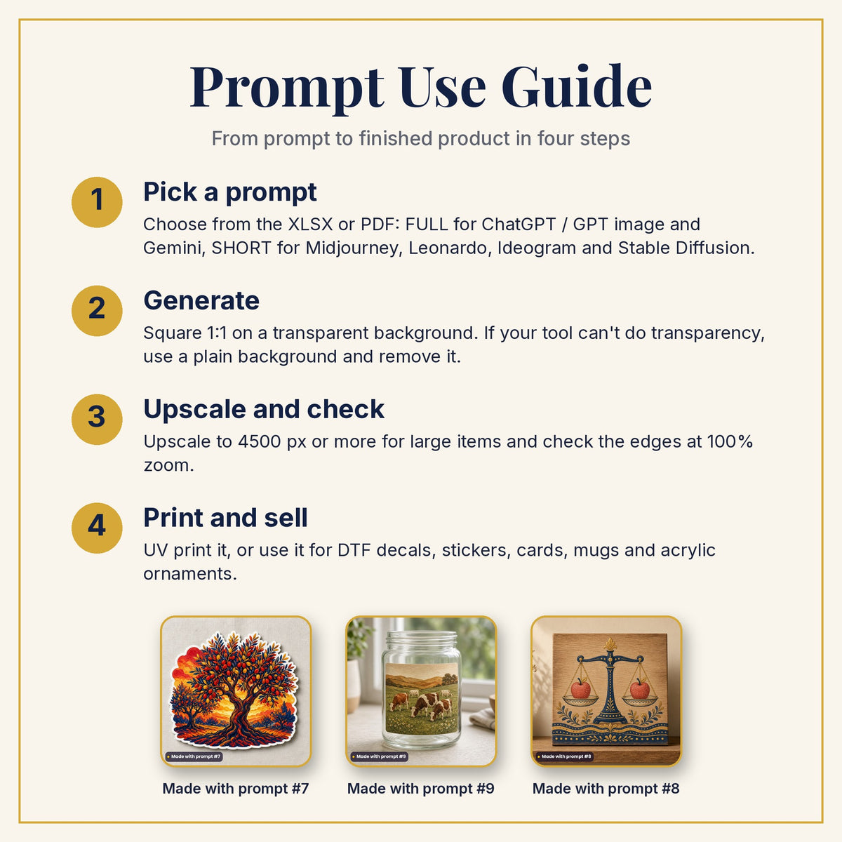 Prompt Use Guide: pick a prompt, generate, upscale and check, then print and sell, with example products made with prompts #7, #9 and #8