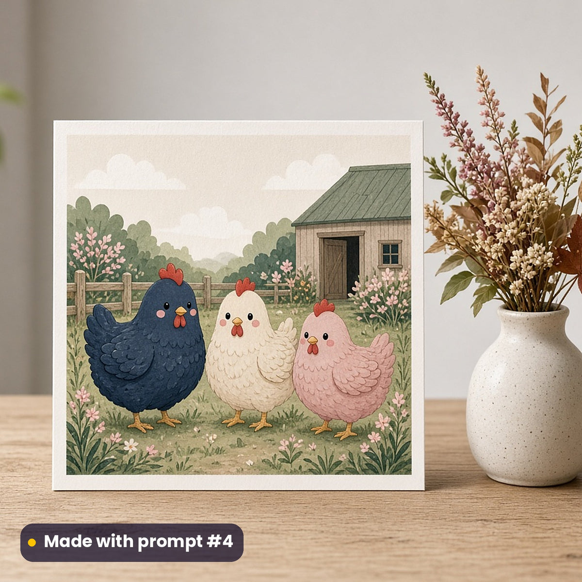 World Food Day artwork printed on a flat-printed greeting card: hens in a farmyard, cute kawaii style, made with prompt #4 from this pack