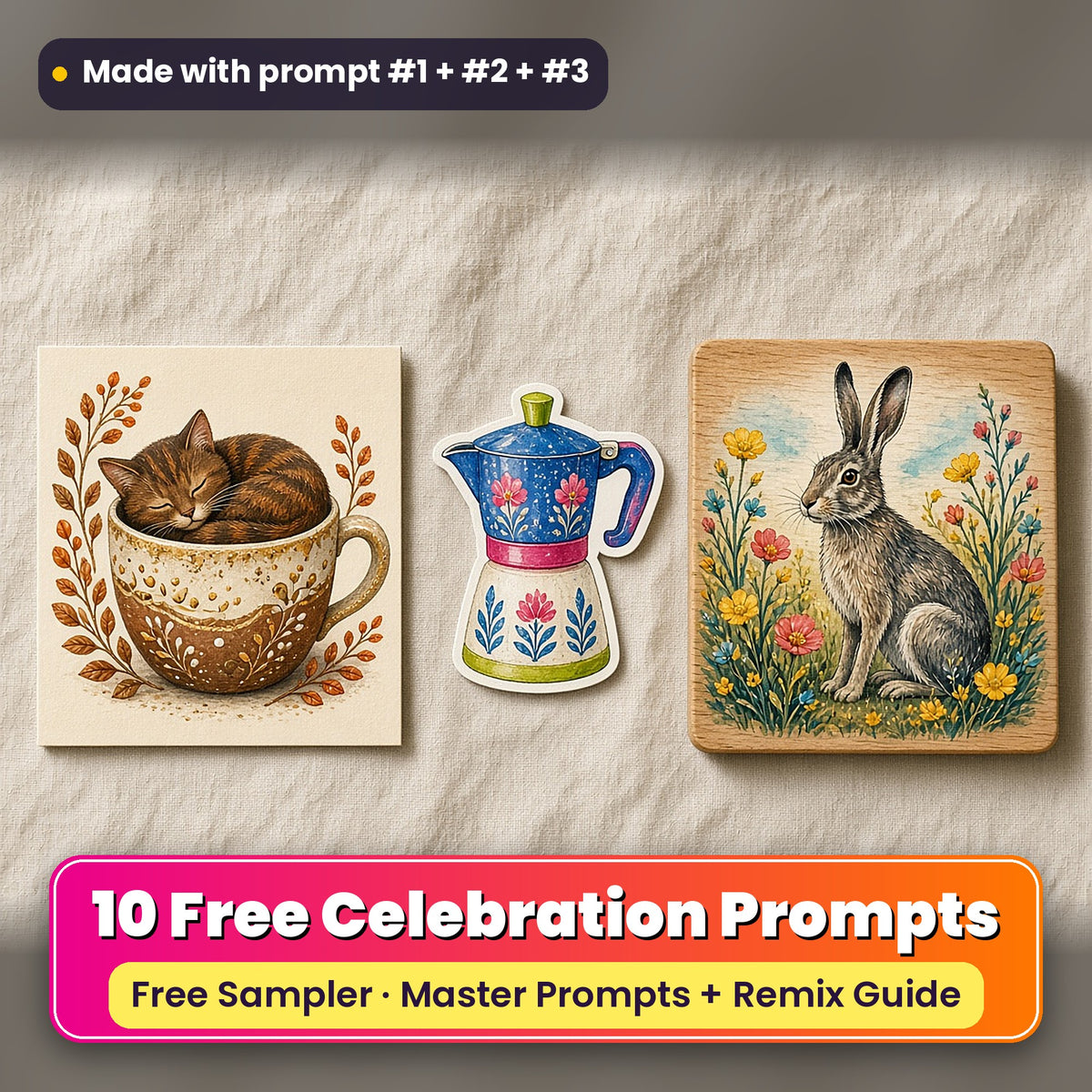 Worldwide Celebrations Free Prompt Sampler prompt pack: 10 master prompts + Remix Guide, with a UV-printed greeting card, acrylic ornament and mug set made with prompts #1, #2 and #3