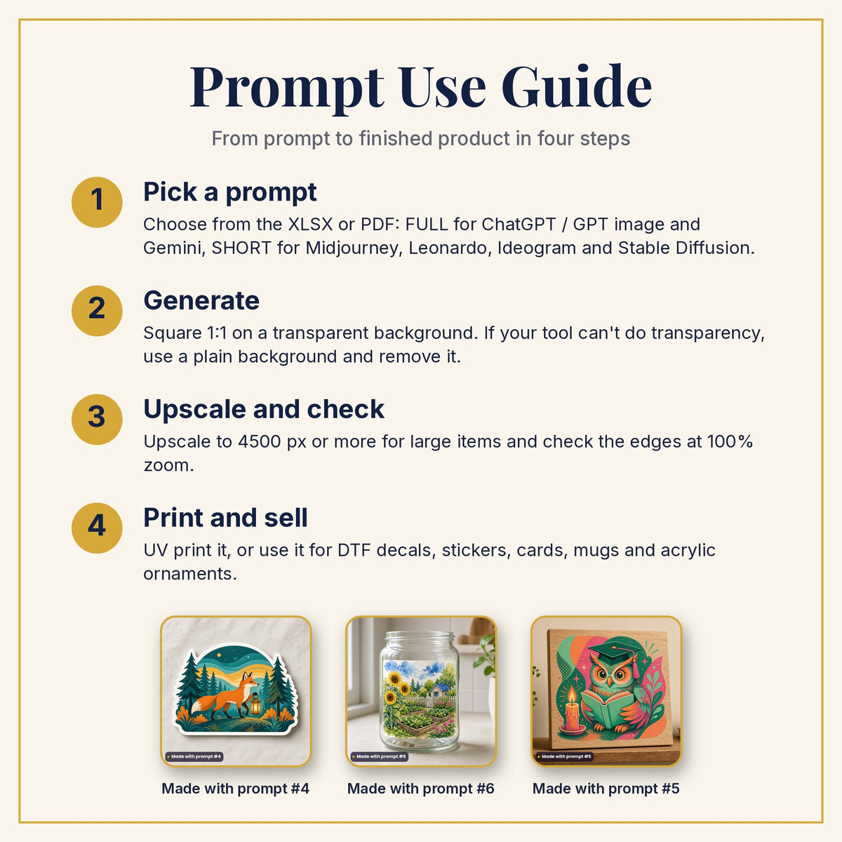 Prompt Use Guide: pick a prompt, generate, upscale and check, then print and sell, with example products made with prompts #4, #6 and #5