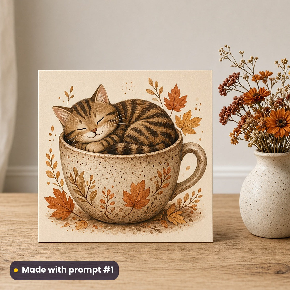 International Coffee Day artwork printed on a flat-printed greeting card: cute cat curled up in a coffee mug, handcrafted clay illusion style, made with prompt #1 from this pack
