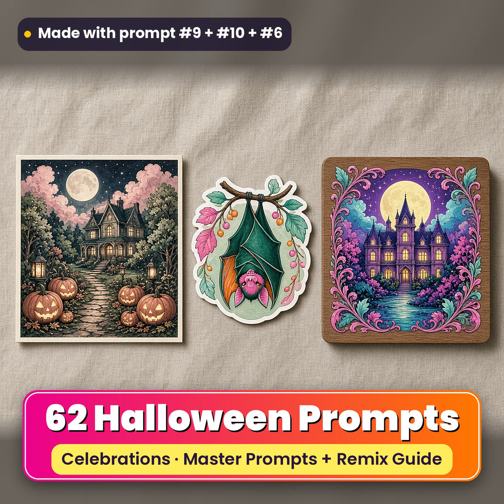 Halloween prompt pack: 62 master prompts + Remix Guide, with a UV-printed greeting card, acrylic ornament and mug set made with prompts #9, #10 and #6