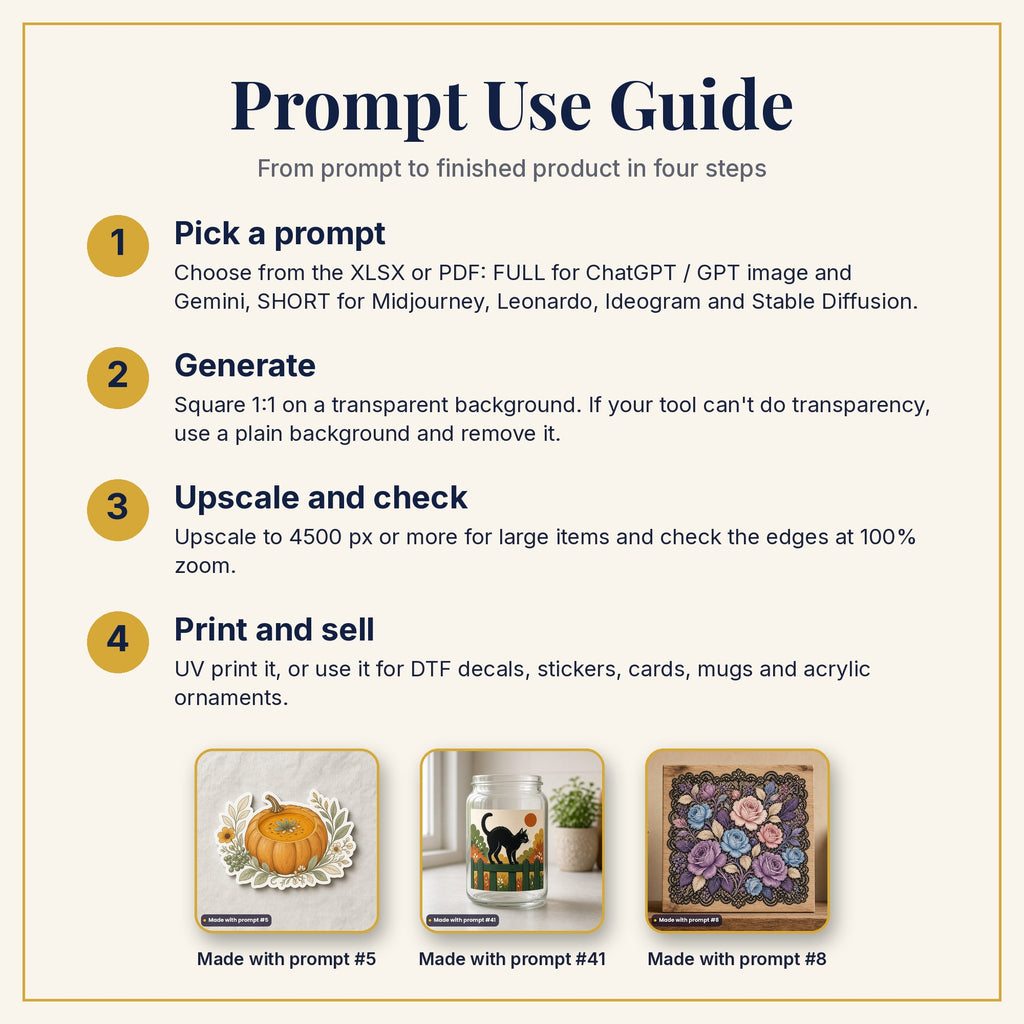 Prompt Use Guide: pick a prompt, generate, upscale and check, then print and sell, with example products made with prompts #5, #41 and #8