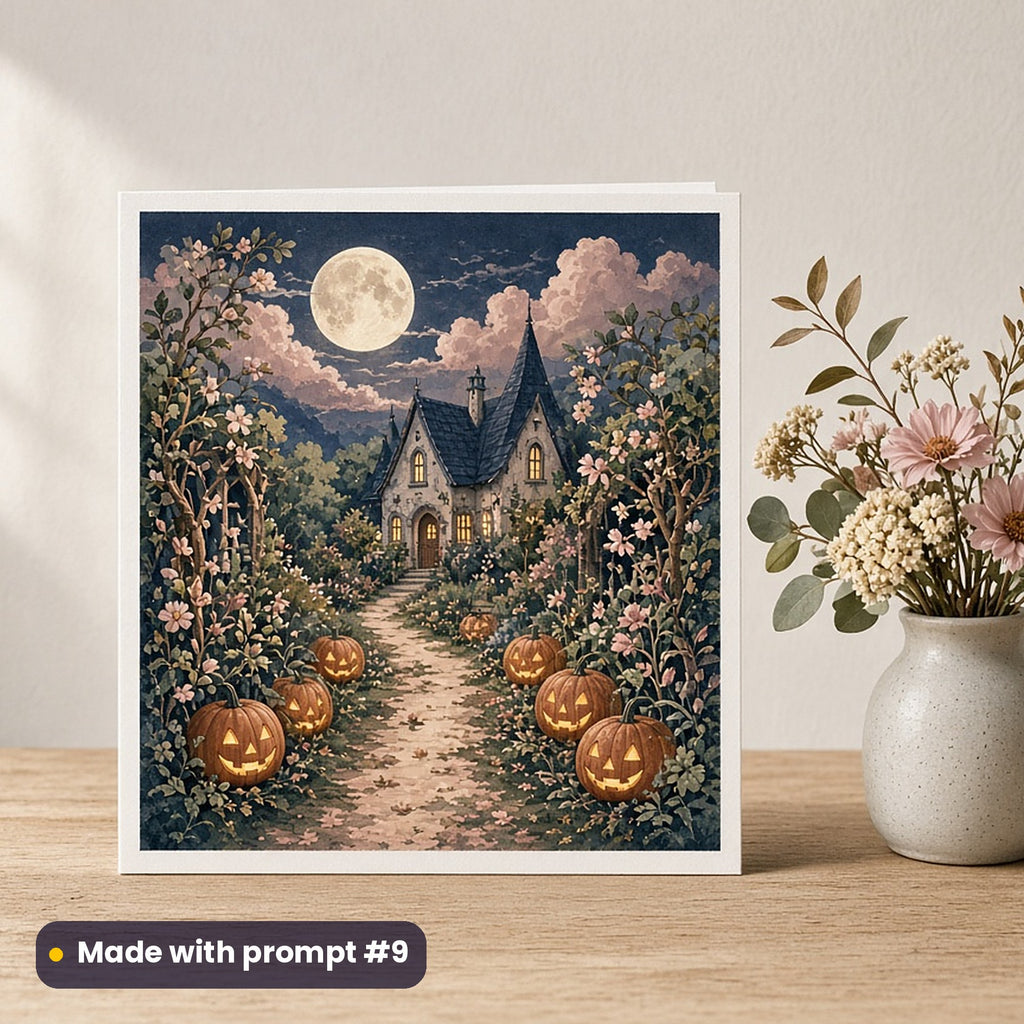 Halloween artwork printed on a flat-printed greeting card: pumpkin lanterns lining a front path, gothic romantic style, made with prompt #9 from this pack