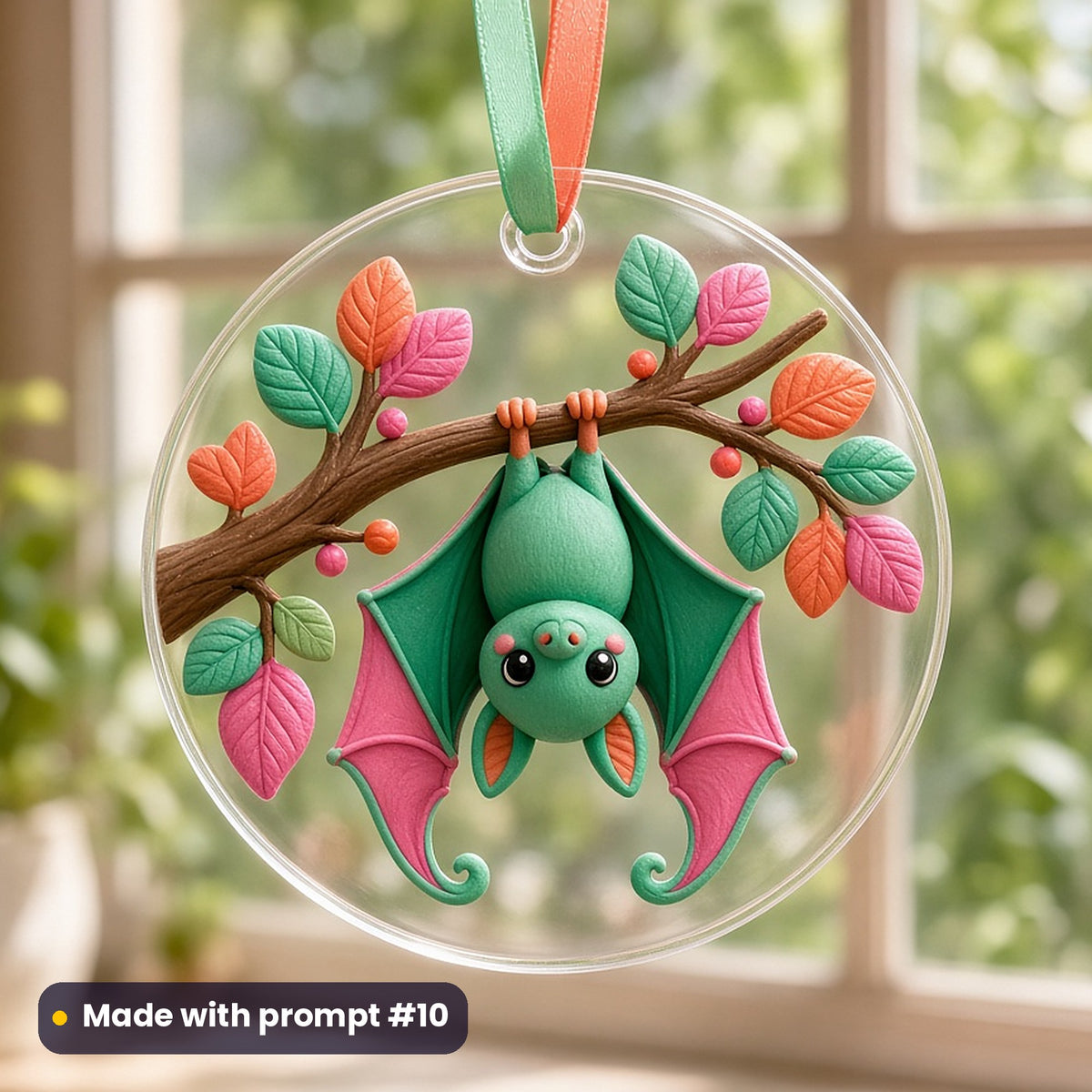 Halloween artwork printed on a UV-printed clear acrylic ornament: cute bat hanging from a branch, handcrafted clay illusion style, made with prompt #10 from this pack