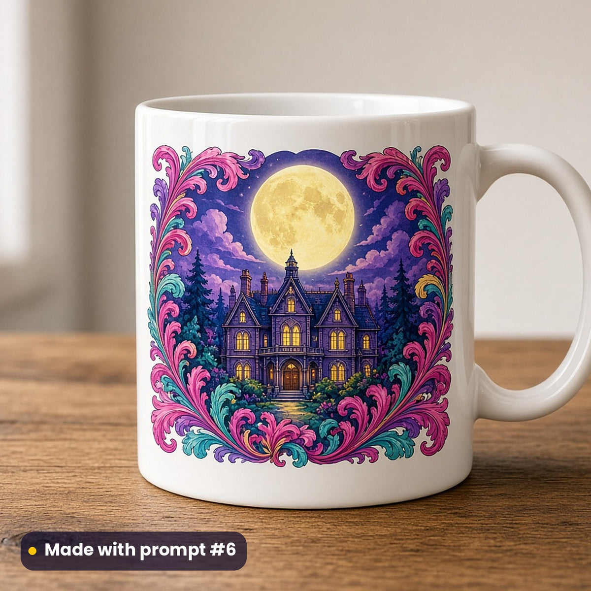Halloween artwork printed on a UV-printed ceramic mug: moonlit manor with glowing windows, fantasy heraldic style, made with prompt #6 from this pack