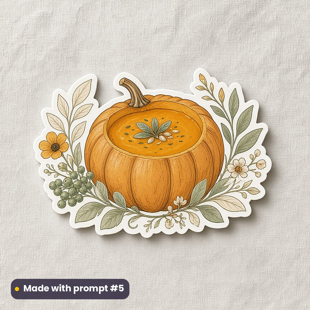Halloween artwork printed on a die-cut vinyl sticker: pumpkin soup in a hollowed pumpkin, elegant line & floral style, made with prompt #5 from this pack