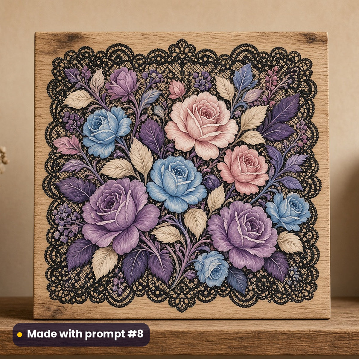 Halloween artwork printed on a UV-printed wooden plaque: gothic roses and black lace, folk art style, made with prompt #8 from this pack