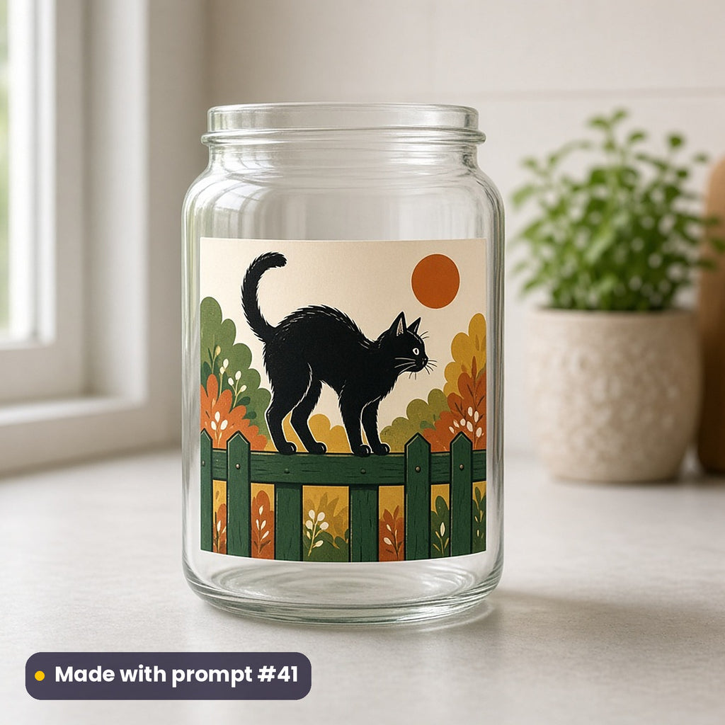 Halloween artwork printed on a UV DTF decal on glass: black cat arching on a fence, pop art style, made with prompt #41 from this pack