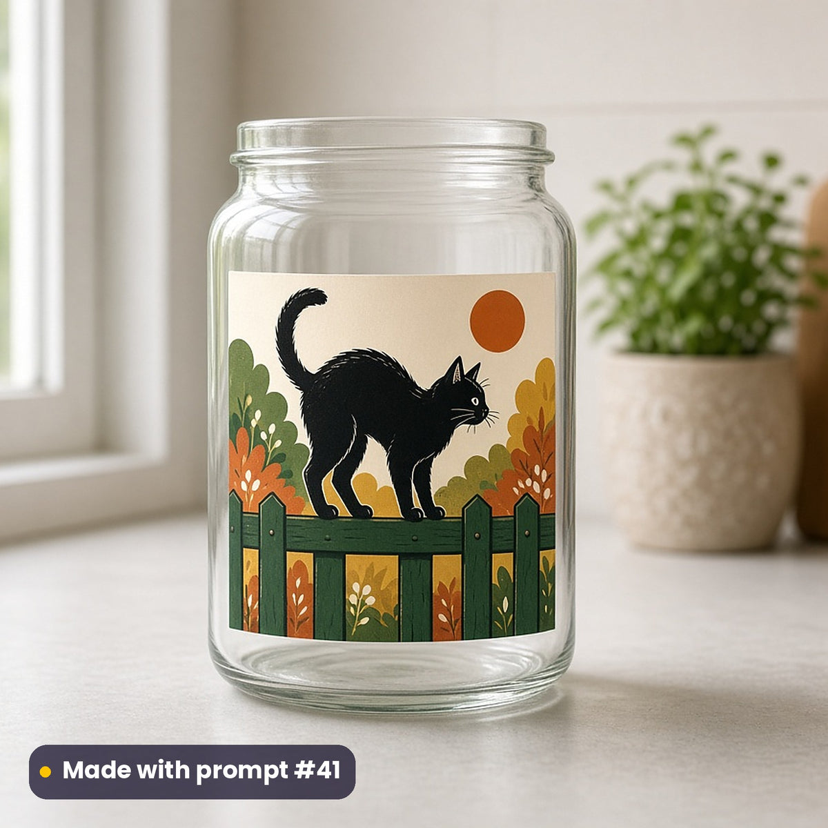 Halloween artwork printed on a UV DTF decal on glass: black cat arching on a fence, pop art style, made with prompt #41 from this pack