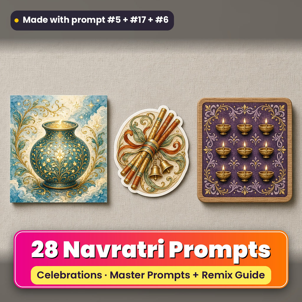 Navratri prompt pack: 28 master prompts + Remix Guide, with a UV-printed greeting card, acrylic ornament and mug set made with prompts #5, #17 and #6
