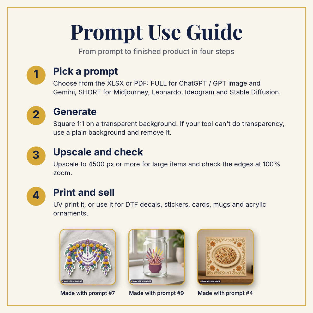 Prompt Use Guide: pick a prompt, generate, upscale and check, then print and sell, with example products made with prompts #7, #9 and #4