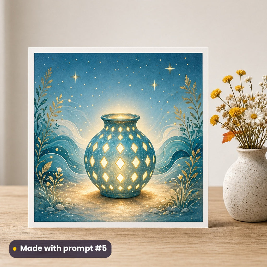 Navratri artwork printed on a flat-printed greeting card: garba lamp pot glowing through its holes, fantasy luminous style, made with prompt #5 from this pack