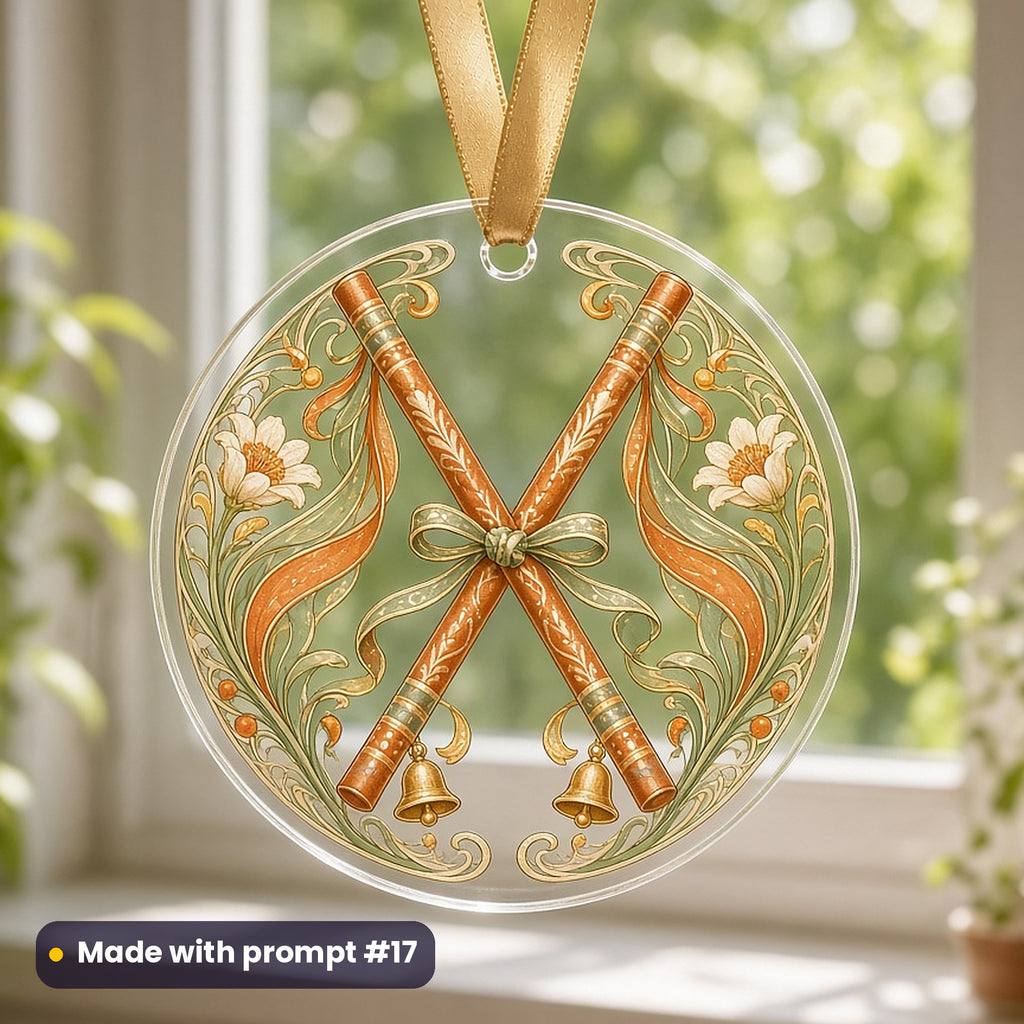 Navratri artwork printed on a UV-printed clear acrylic ornament: dandiya sticks tied with ribbons and bells, art nouveau style, made with prompt #17 from this pack