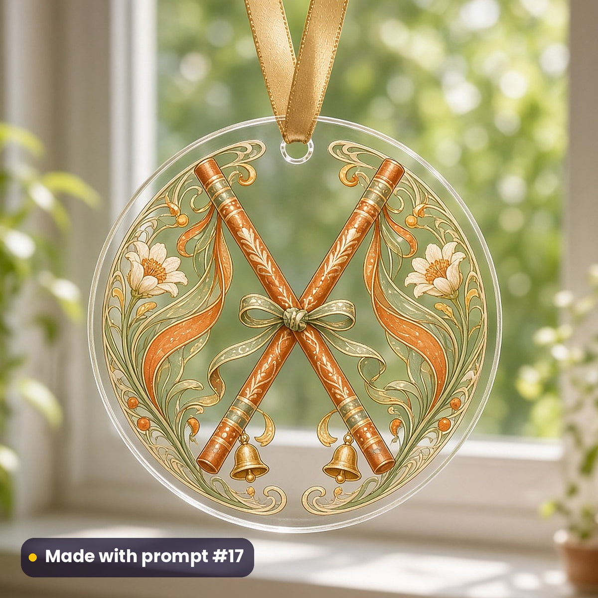 Navratri artwork printed on a UV-printed clear acrylic ornament: dandiya sticks tied with ribbons and bells, art nouveau style, made with prompt #17 from this pack