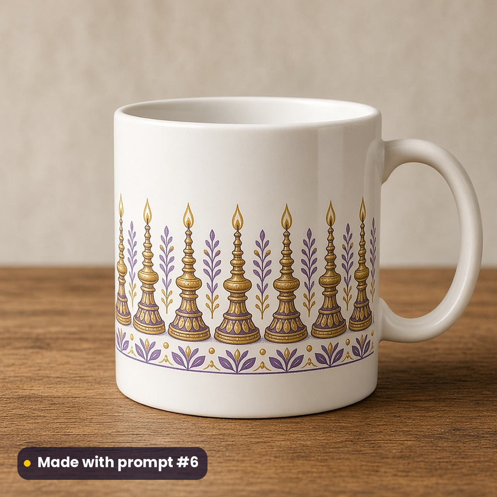 Navratri artwork printed on a UV-printed ceramic mug: nine brass lamps in a row, folk art style, made with prompt #6 from this pack