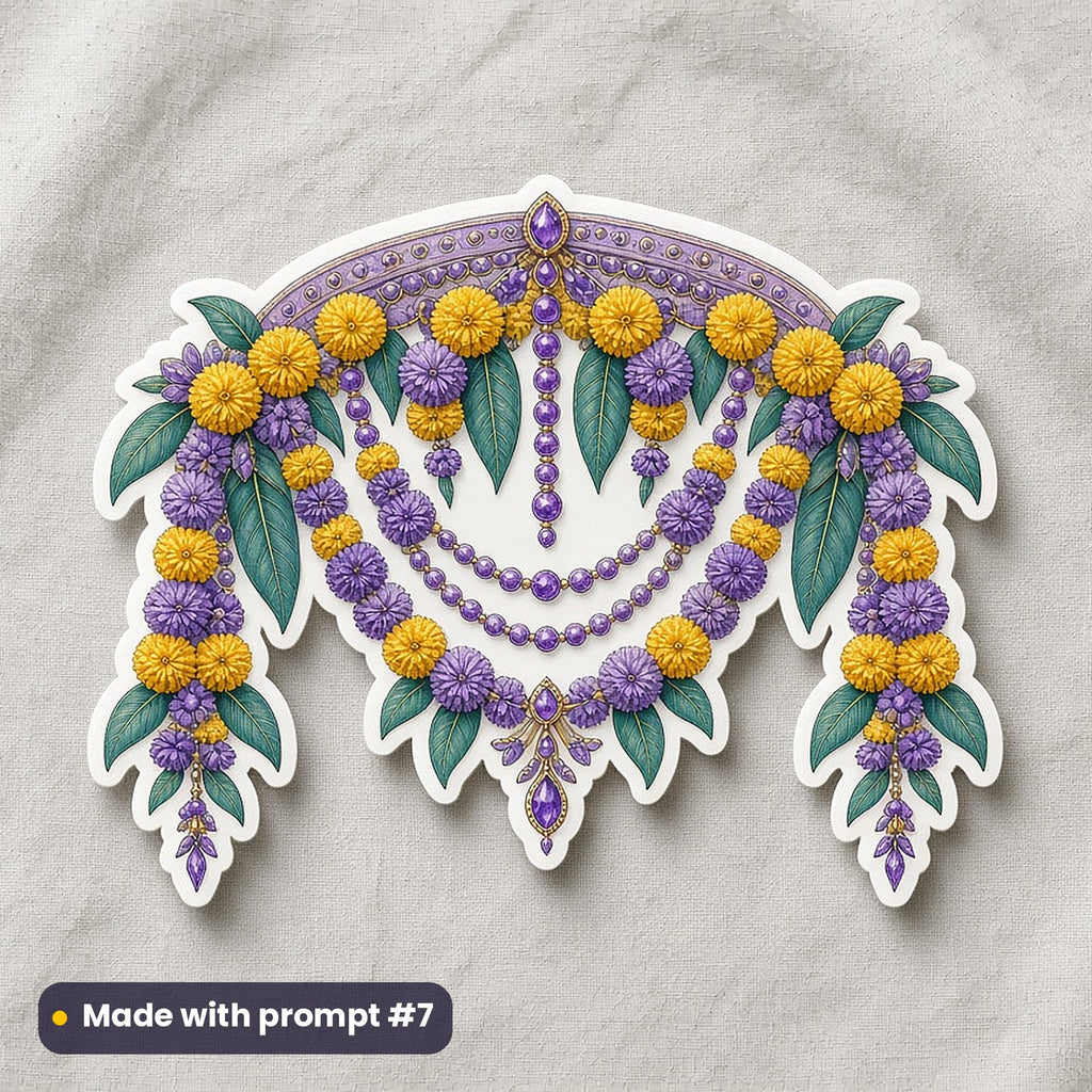 Navratri artwork printed on a die-cut vinyl sticker: festive canopy of marigolds and mango leaves, luxury enamel & gemstone style, made with prompt #7 from this pack