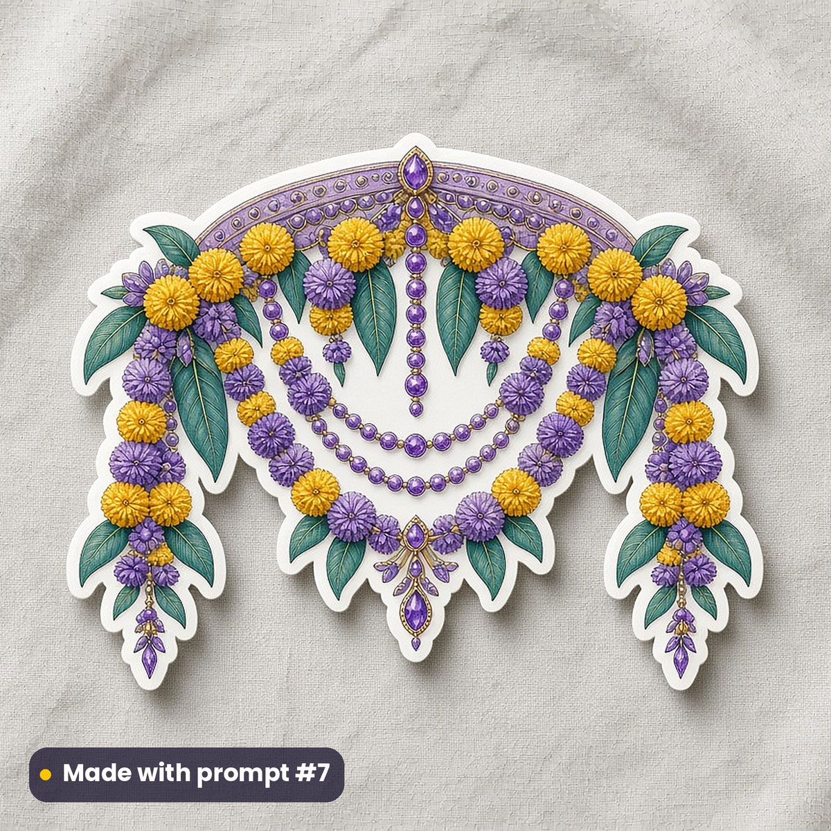 Navratri artwork printed on a die-cut vinyl sticker: festive canopy of marigolds and mango leaves, luxury enamel & gemstone style, made with prompt #7 from this pack