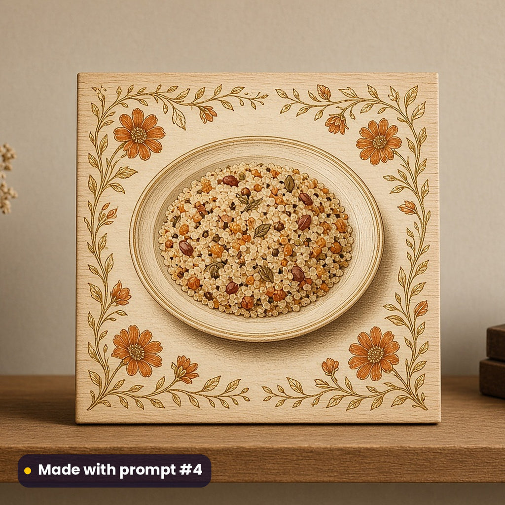 Navratri artwork printed on a UV-printed wooden plaque: plate of sabudana khichdi, elegant line & floral style, made with prompt #4 from this pack