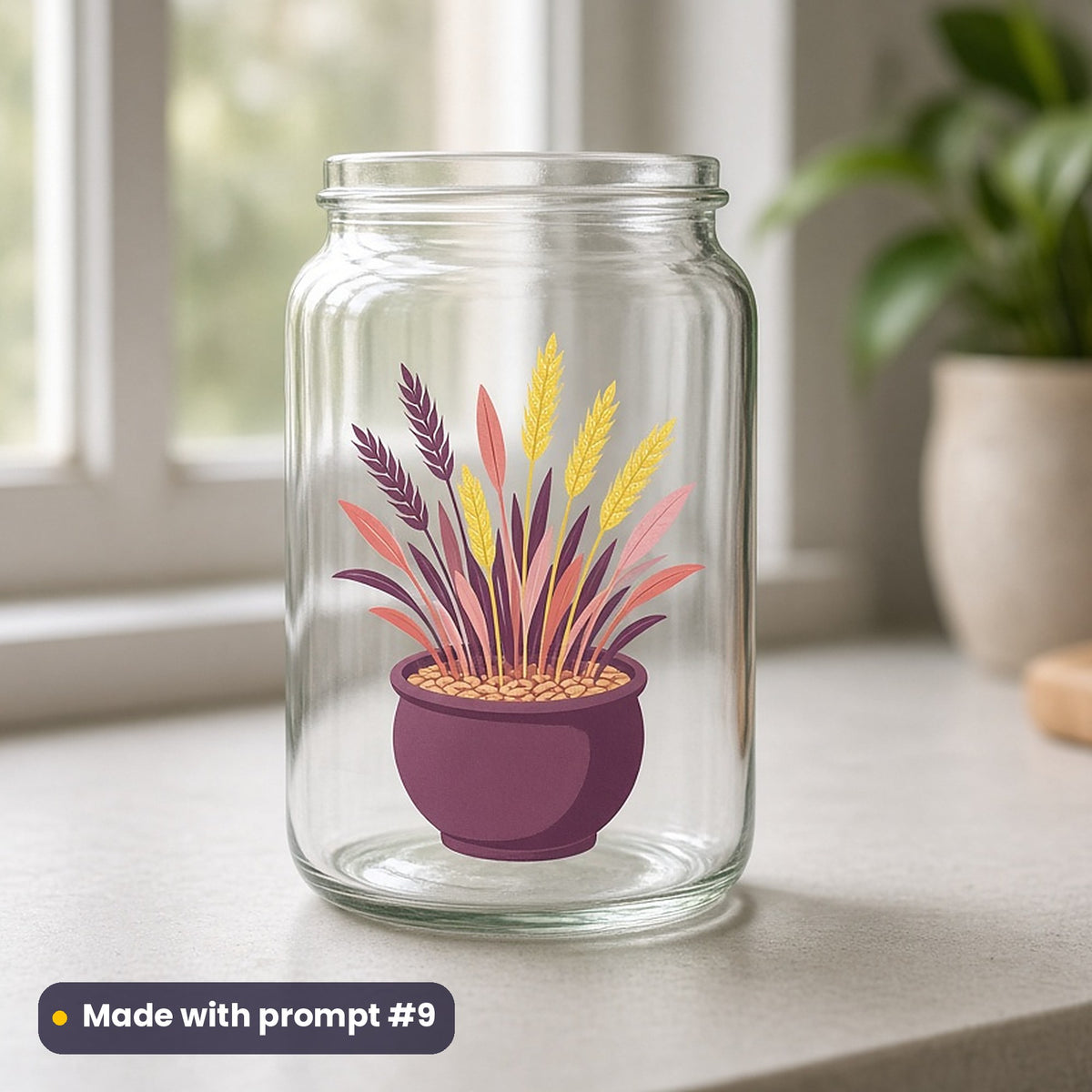 Navratri artwork printed on a UV DTF decal on glass: pot of sprouting barley seeds, minimal bold graphic style, made with prompt #9 from this pack