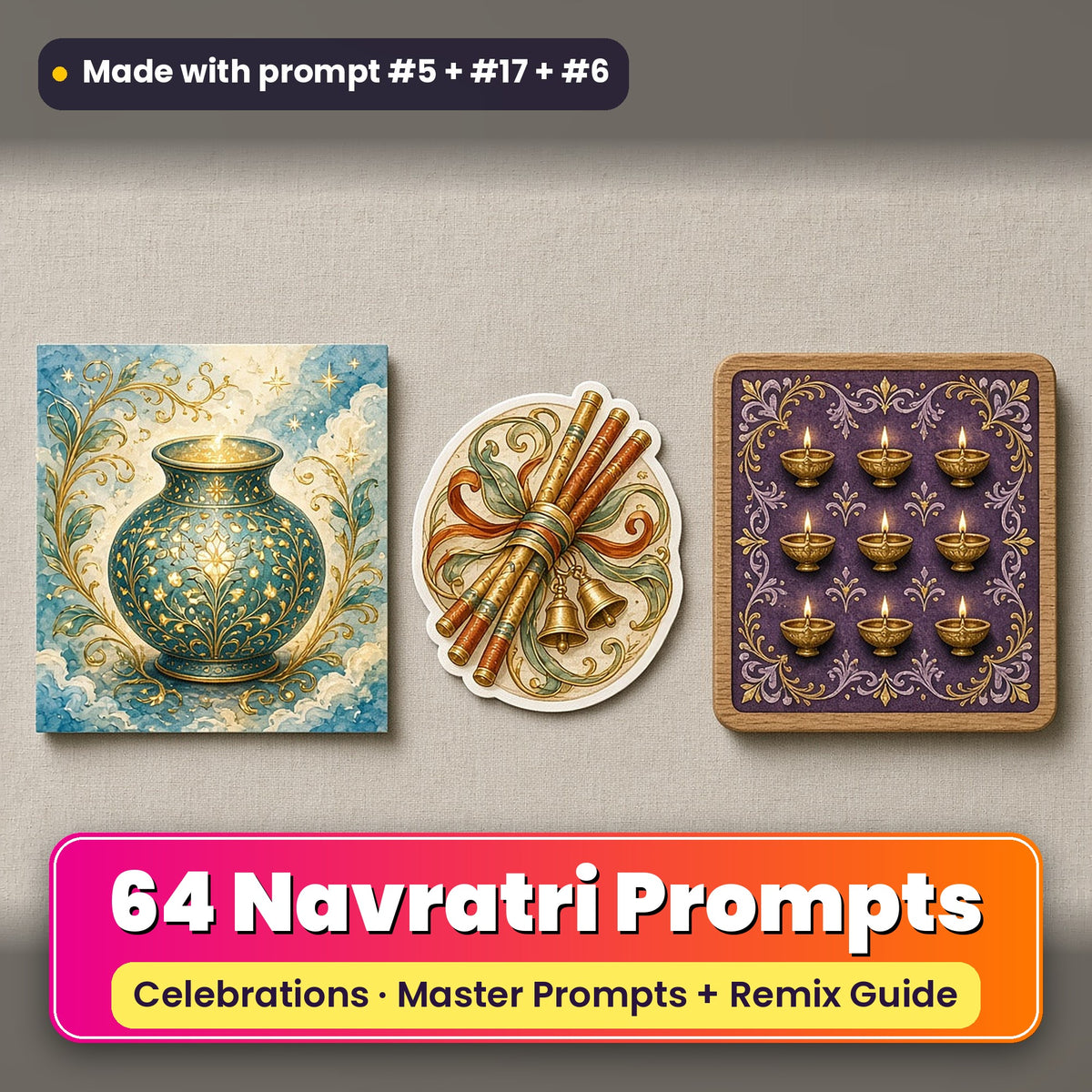Navratri prompt pack: 64 master prompts + Remix Guide, with a UV-printed greeting card, acrylic ornament and mug set made with prompts #5, #17 and #6