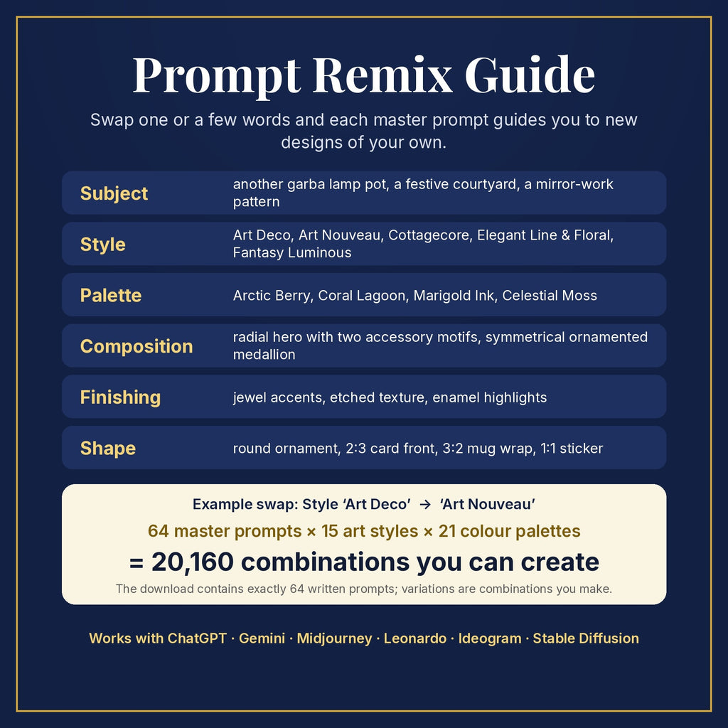 Prompt Remix Guide: swap subject, style, palette, composition, finishing and shape; 64 master prompts × 15 styles × 21 palettes = 20,160 combinations you can create