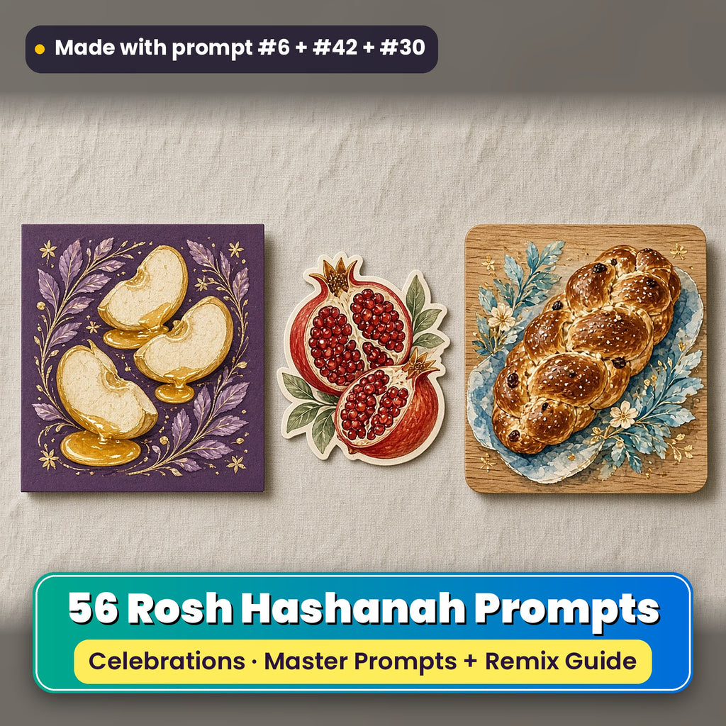 Rosh Hashanah prompt pack: 56 master prompts + Remix Guide, with a UV-printed greeting card, acrylic ornament and mug set made with prompts #6, #42 and #30