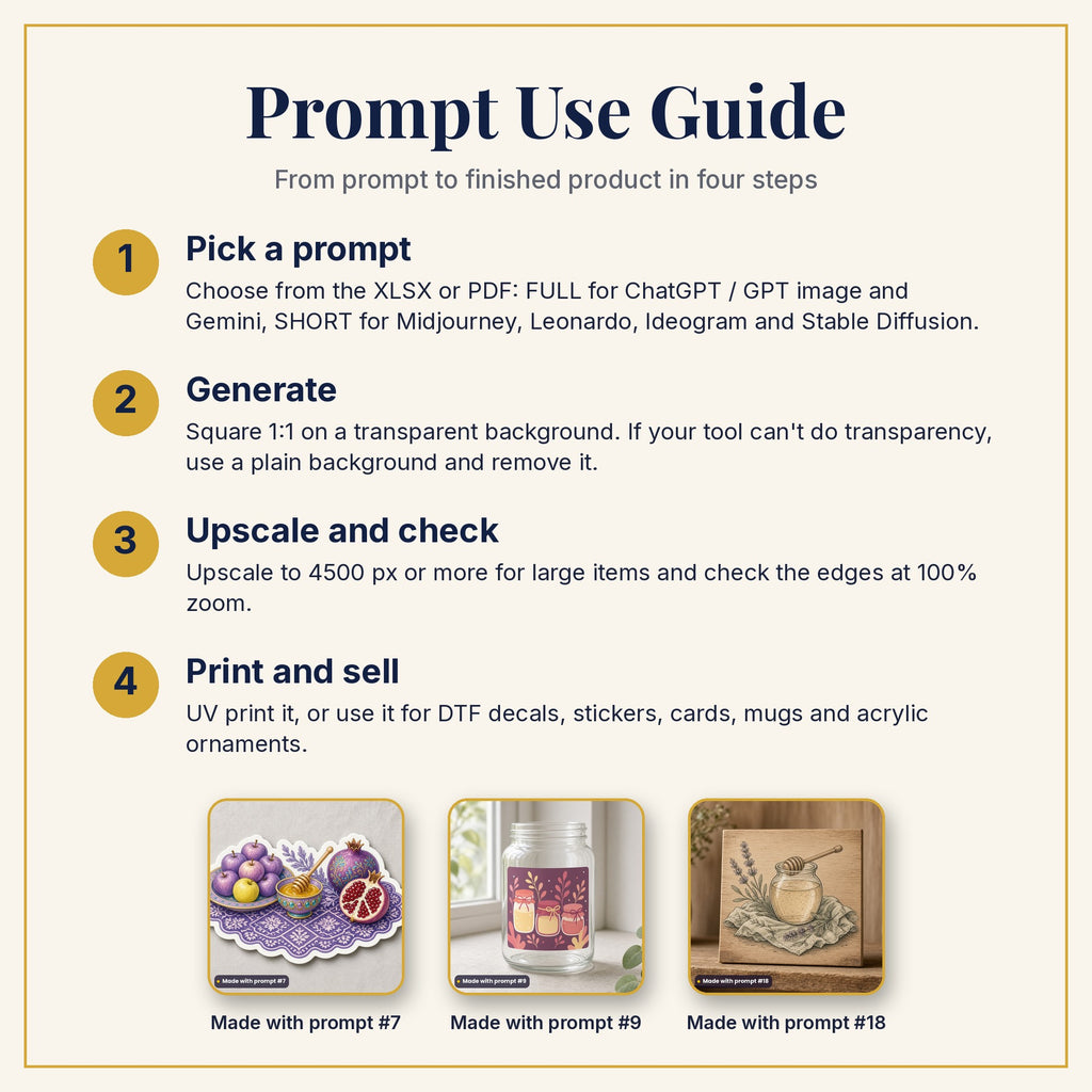 Prompt Use Guide: pick a prompt, generate, upscale and check, then print and sell, with example products made with prompts #7, #9 and #18