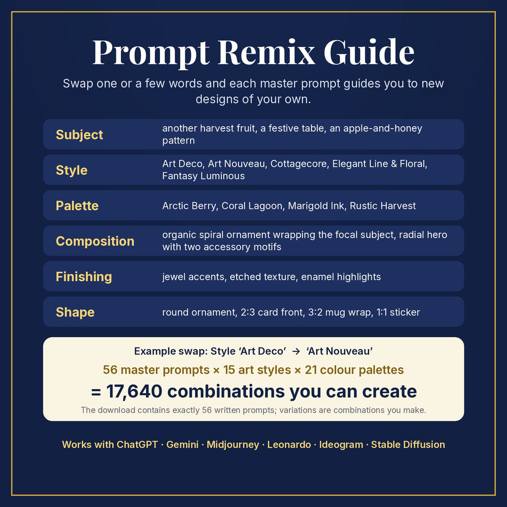 Prompt Remix Guide: swap subject, style, palette, composition, finishing and shape; 56 master prompts × 15 styles × 21 palettes = 17,640 combinations you can create