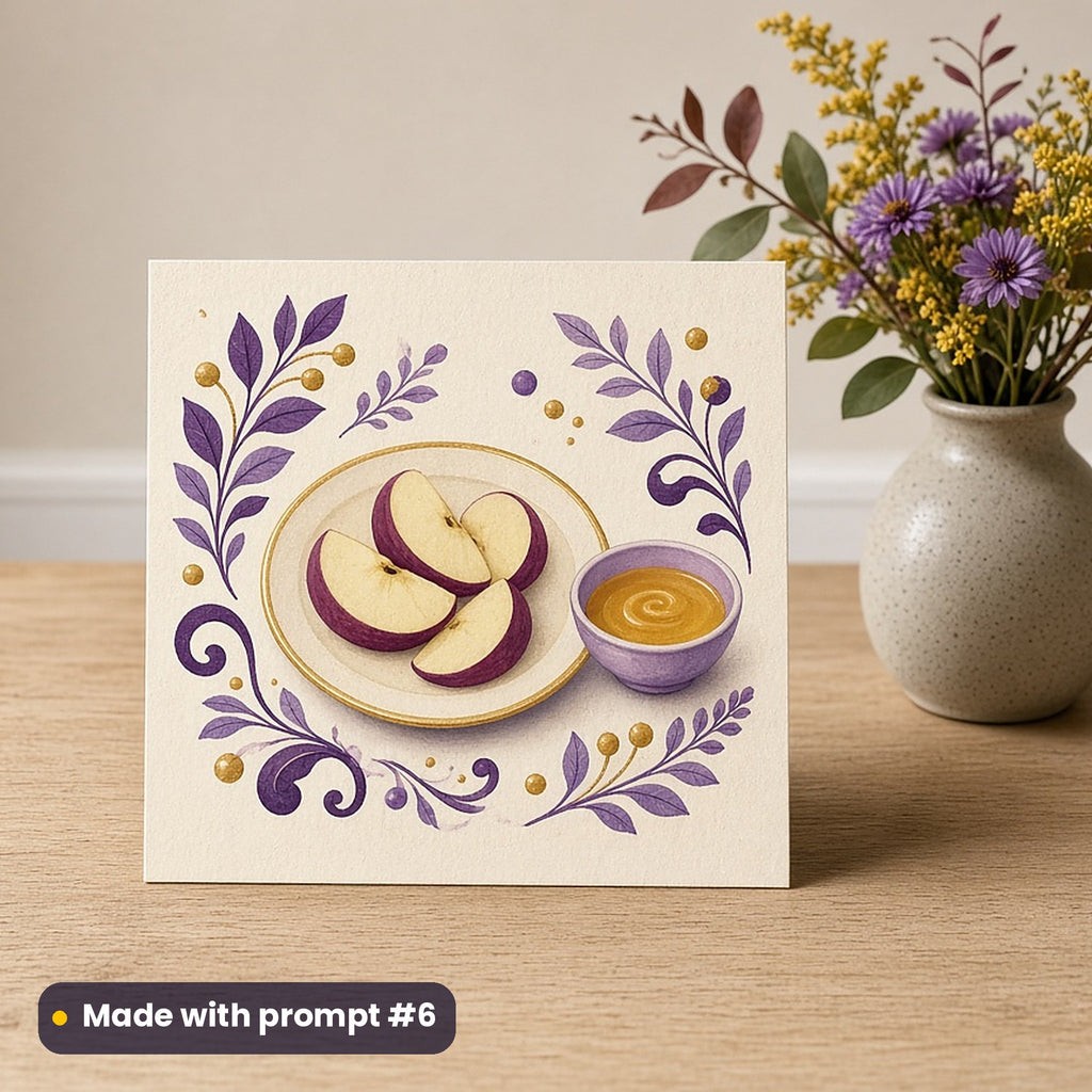 Rosh Hashanah artwork printed on a flat-printed greeting card: apple slices dipped in honey, folk art style, made with prompt #6 from this pack