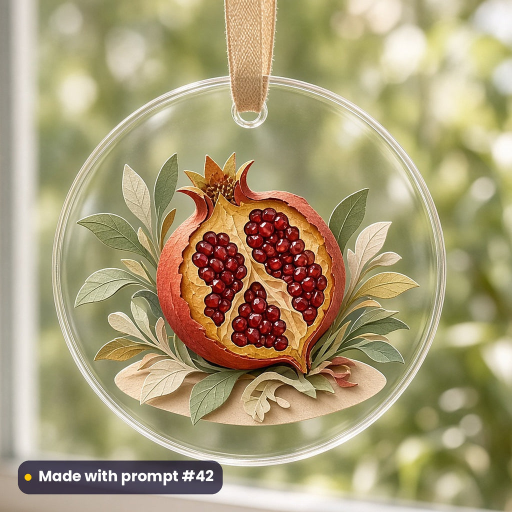 Rosh Hashanah artwork printed on a UV-printed clear acrylic ornament: pomegranate split open with jewel seeds, papercut relief illusion style, made with prompt #42 from this pack