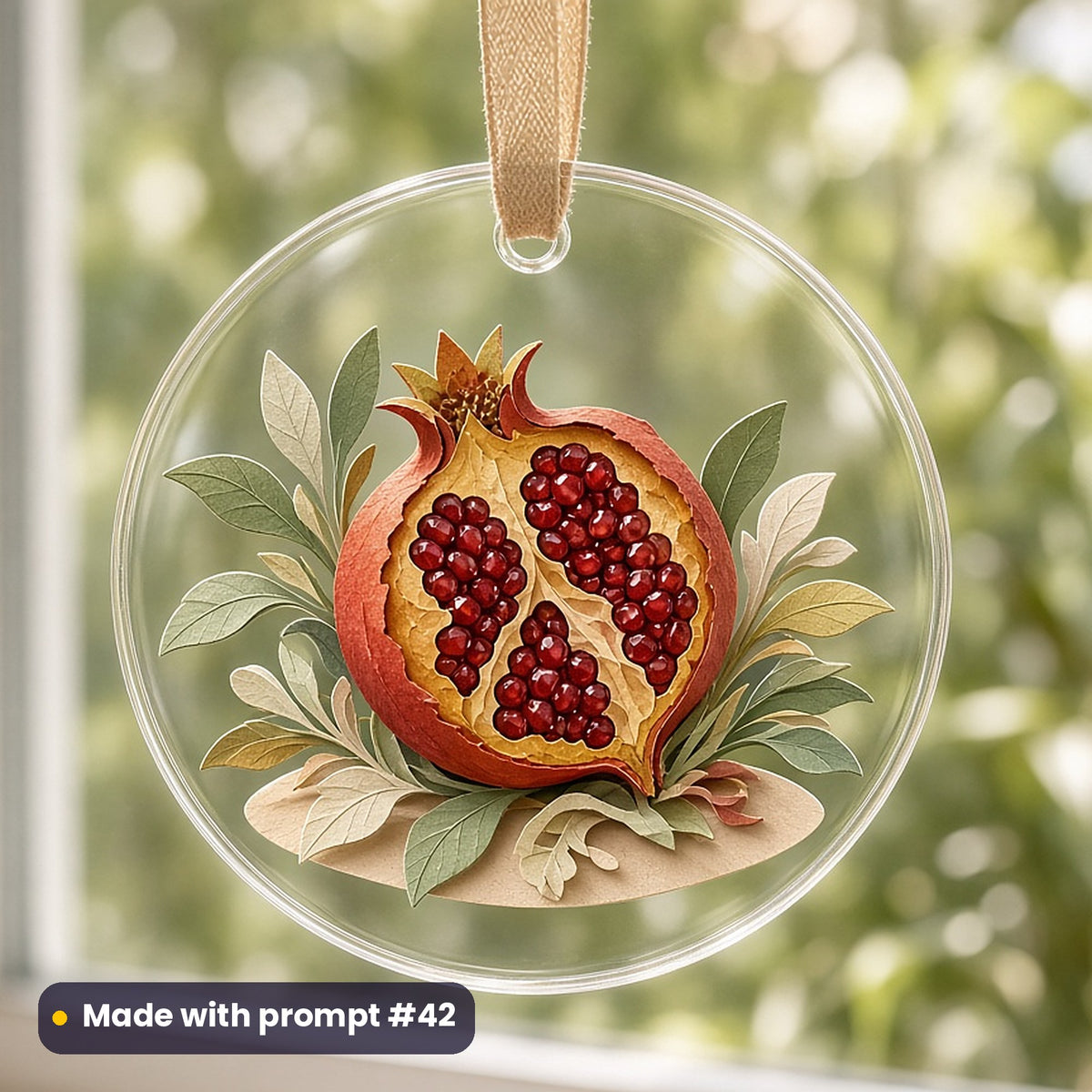 Rosh Hashanah artwork printed on a UV-printed clear acrylic ornament: pomegranate split open with jewel seeds, papercut relief illusion style, made with prompt #42 from this pack