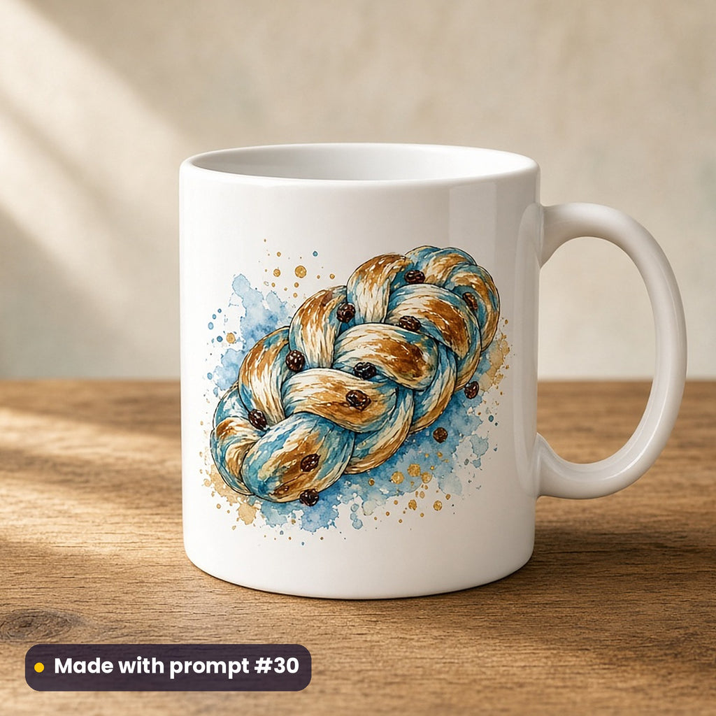 Rosh Hashanah artwork printed on a UV-printed ceramic mug: round braided challah with raisins, watercolour & ink style, made with prompt #30 from this pack