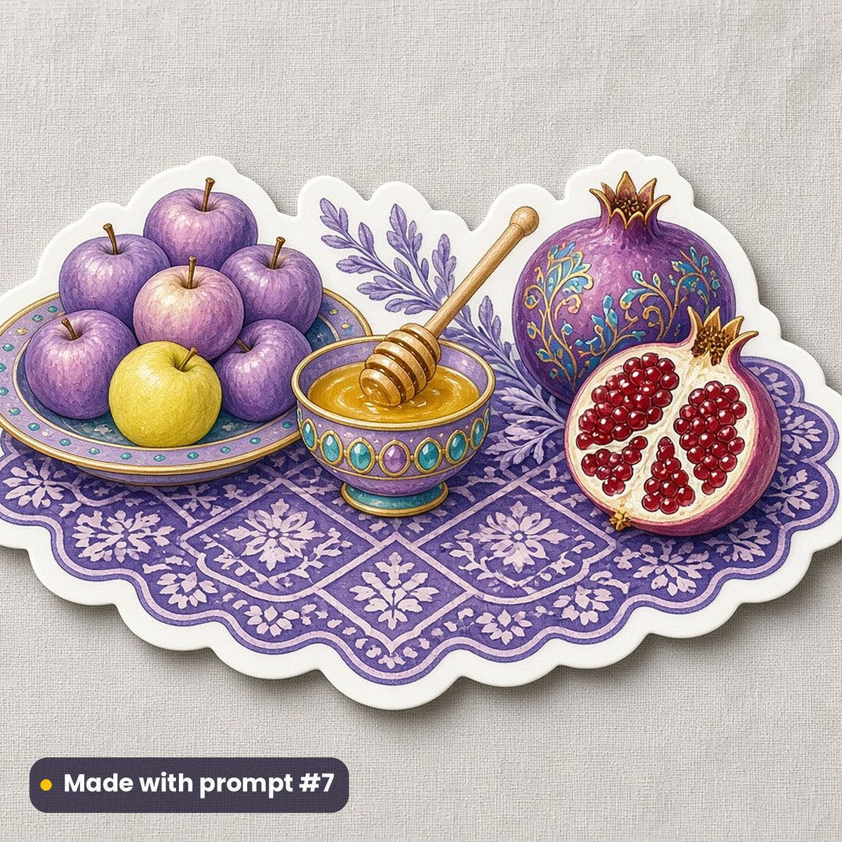 Rosh Hashanah artwork printed on a die-cut vinyl sticker: festive table with apples, honey and pomegranates, luxury enamel & gemstone style, made with prompt #7 from this pack