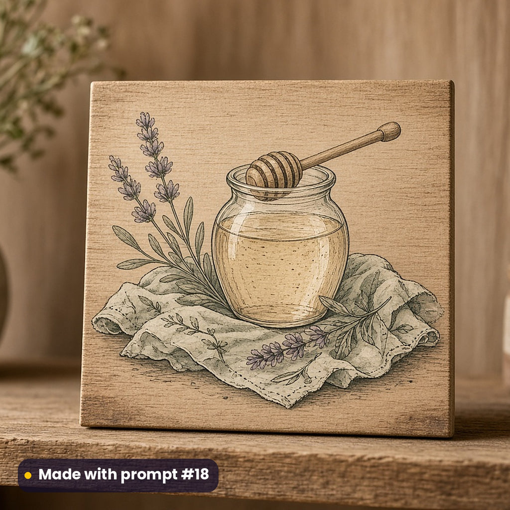 Rosh Hashanah artwork printed on a UV-printed wooden plaque: honey jar with a dipper on a linen napkin, cottagecore style, made with prompt #18 from this pack