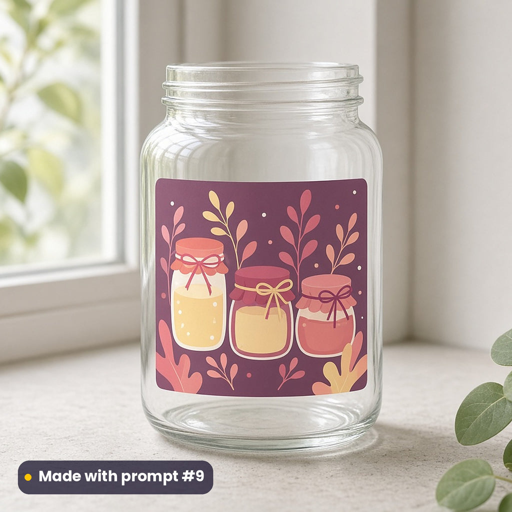 Rosh Hashanah artwork printed on a UV DTF decal on glass: gift jars of honey tied with ribbon, minimal bold graphic style, made with prompt #9 from this pack