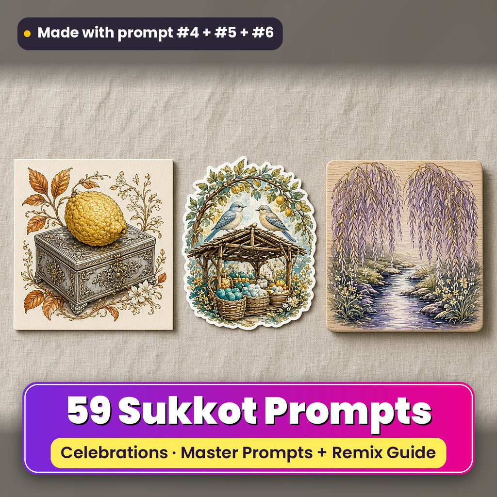 Sukkot prompt pack: 59 master prompts + Remix Guide, with a UV-printed greeting card, acrylic ornament and mug set made with prompts #4, #5 and #6